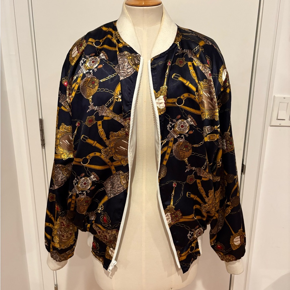 Patterned black and gold silky bomber jacket, size large